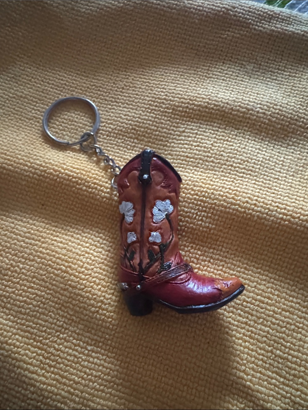 Western Boot Keychain with Floral Embroidery - Red & Brown